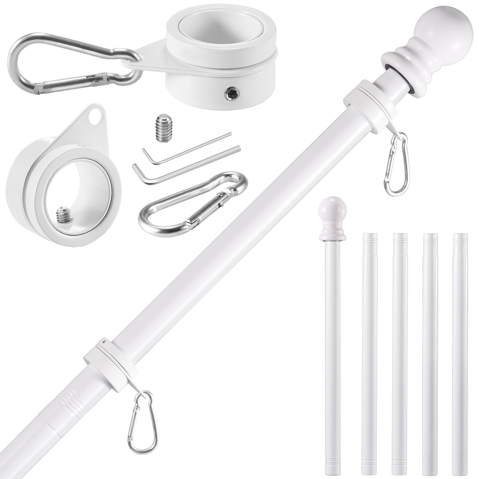 BONWIN White Flag Pole Kit for Outside House, 6 FT Thickened Stainless Steel Wall Mount Flag Pole for 3x5'/ 4x6' American Flag, 1" Anti-Wrap Spinning Flagpole Rings Hardware Kits for Porch Yard — image 1