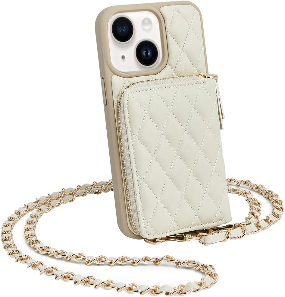 LAMEEKU Designed for iPhone 14 Wallet Case with Card Holder Crossbody Chain for Women RFID Shockproof Cover Compatible with iPhone 14, 6.1 Inch-Beige