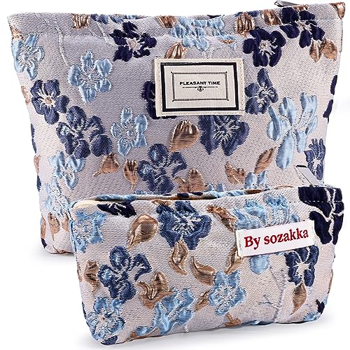 ZLFSRQ Checkered Makeup Bag for Women Large Capacity Pink Cosmetic Bag Set Travel Makeup Pouch for Purse Zipper Toiletry Organizer Cute Y2K Aesthetic Trendy Girls Makeup Brushes Storage Bag, 2pcs Blue