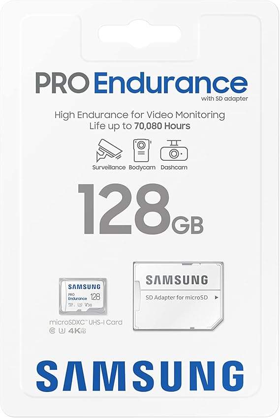 Samsung PRO Endurance 128GB MicroSDXC Memory Card with Adapter for Dash Cam, Body Cam, and Security Camera Class 10, U3, V30 (MB-MJ128KA/AM)