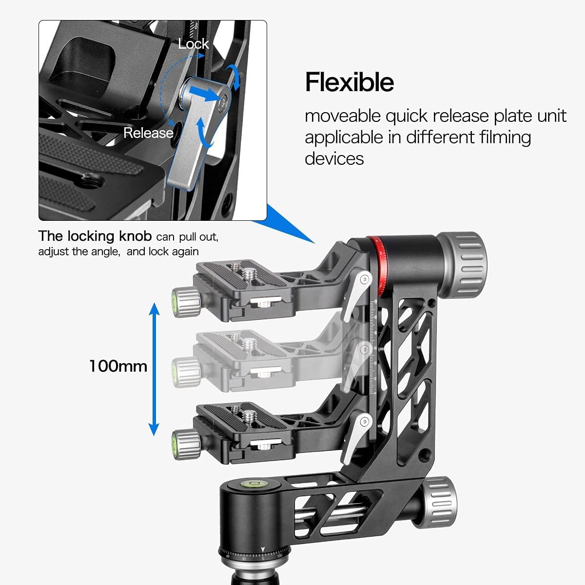 koolehaoda Cabezal de cardán profesional, Cabezal panorámico de 360 ​​° de alta resistencia de aleación de aluminio para cámaras DSLR, Carga hasta 55.11 lb / 25 kg (GH-3)