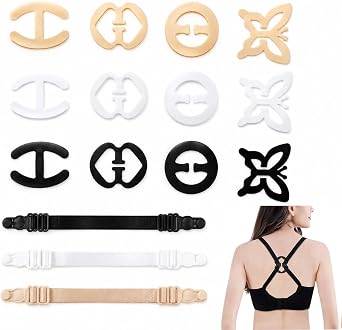 15 Pcs Bra Strap Clips Set, Bra Clips for Racer Back, Anti Slip Bra Strap Holders with 12 Clips & 3 Adjustable Bands, Bra Clips to Hide Straps, Stop Bra Straps Falling Off Shoulders, Black White Nude