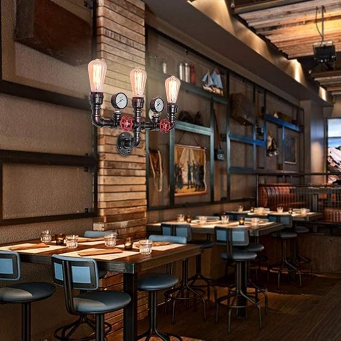 UZOURI Pijp wandlamp, wandlamp industriële metalen kap 3 vintage en retro-stijl bar, E27 lamp photo 2