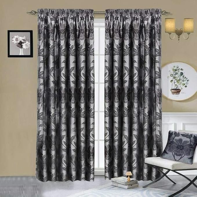 PRIME LINENS Floral jacquard Fully Lined Pencil Pleat Pair Curtains with 2 Tie Backs Living Room Bedroom Window Modern Panels Curtains (Grey, W 46''x L 72'')