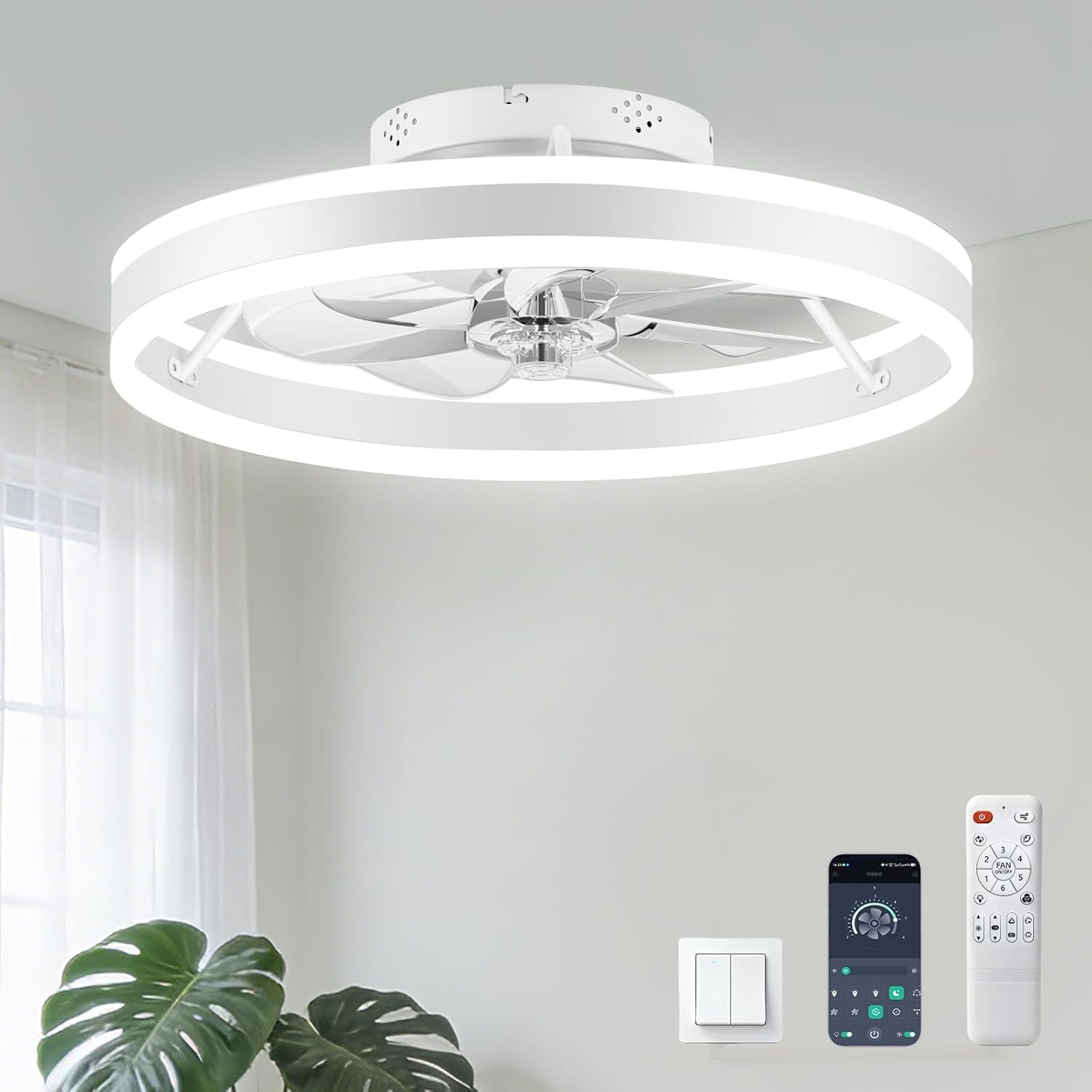 Ceiling Fans with Lights and Remote, 20” Low Profile Ceiling Fan, 2700-6500K Color Temperature, 6 Wind Speeds, Quiet DC Motor, Dimmable Modern Flush Mount LED Fan Light for Bedroom Living Room (Black)