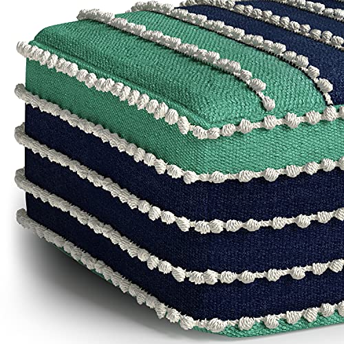 Simplihome Garbo 20 Inch Boho Square Woven Outdoor/ Indoor Pouf In Aqua, Navy And White Recycled Pet Polyester, For The Living Room, Bedroom And Kids Room #TOP4