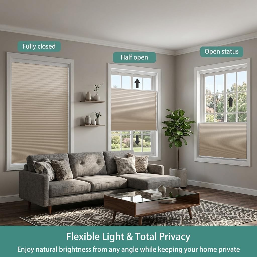 Changshade Blackout Top Down Bottom Up Cellular Shades, Cordless Honeycomb Blinds for Bedroom, Nursery & Bathroom, Total Privacy, 34" W × 72" H,Beige