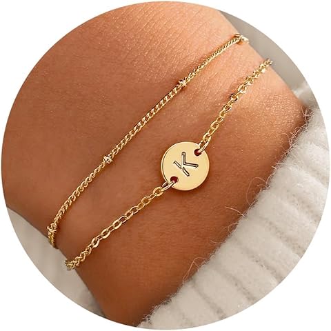 MONOZO Gold Bracelets for Women Christmas Gifts - Dainty 18K Gold Plated Disc Monogram Letter A-Z Initial Bracelets for Women Trendy Personalized Letter Bracelet Birthday Christmas Gifts for Her
