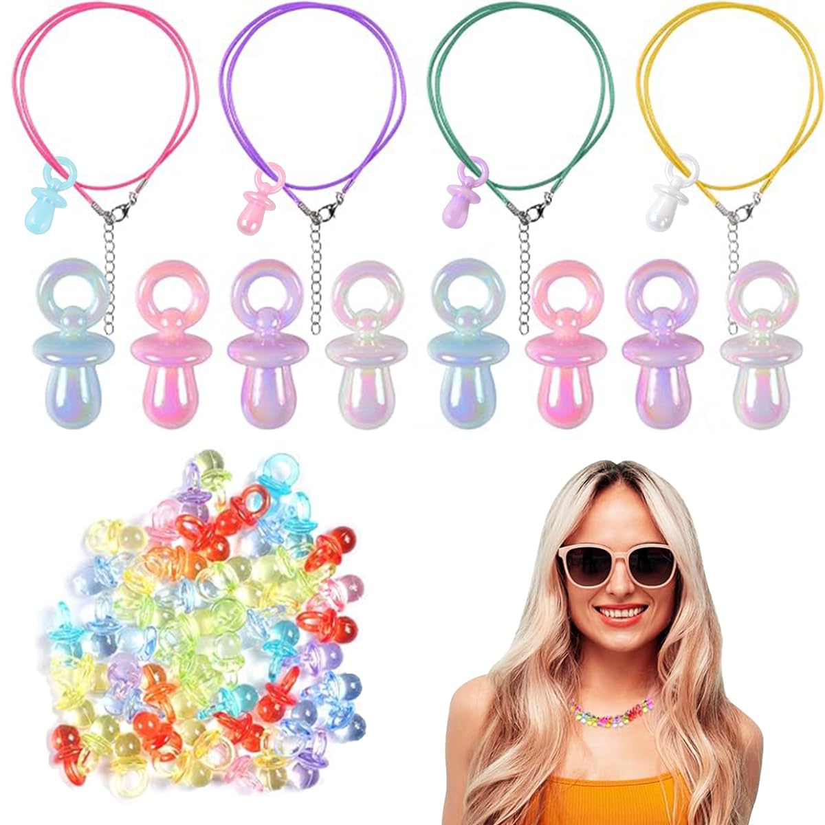 Ruayia 90er Jahre Accessoires Schnullerkette, 60 Stück Acryl-Schnuller Tattoo Kette 90s Set, Outfit Damen Preis Leistung Wachseil Dekoschnuller Mitgebsel Geschenk für 80 90er Mottoparty