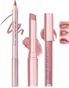 3 in 1 Nude pink lip liner set,neutral matte creamy long lasting lipstick,smooth pigmented waterproof lip stain liner,dewy hydration plumping lip gloss for women,Korean lips makeup natural looking-01