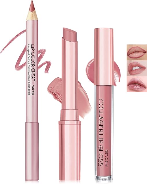 3 in 1 Nude pink lip liner set,neutral matte creamy long lasting lipstick,smooth pigmented waterproof lip stain liner,dewy hydration plumping lip gloss for women,Korean lips makeup natural looking-01