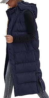 Long Puffer Vest Women Quilted Hooded Button Down Zip Up Sleeveless Vests Outerwear Padded Jacket Fall Winter Coat