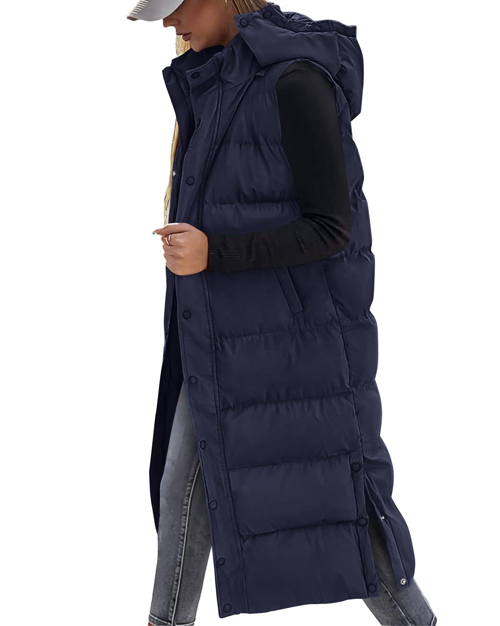 BTFBM Long Puffer Vest Women Quilted Hooded Button Down Zip Up Sleeveless Vests Outerwear Padded Jacket Fall Winter Coat