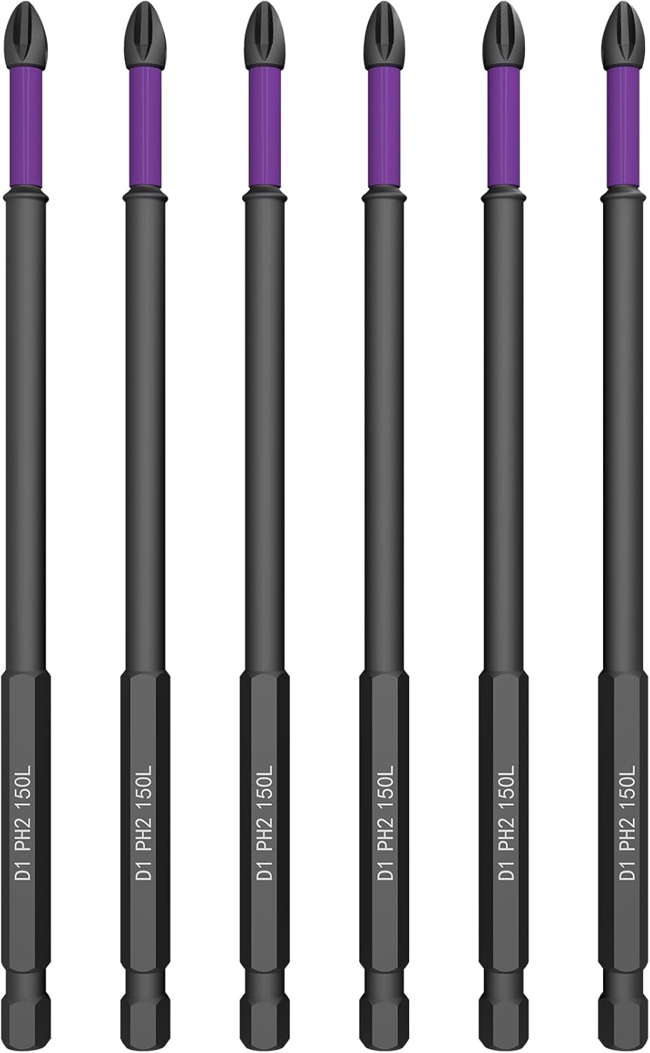 Magnetic Screwdriver Bits - #2 Impact Phillips Bits (6" Long), S2 Steel Magnetic Drill Bits, Anti-Slip Hex Shank for Drills, Screwdrivers & DIY/Professional Use (6 inches - 6 Pcs)