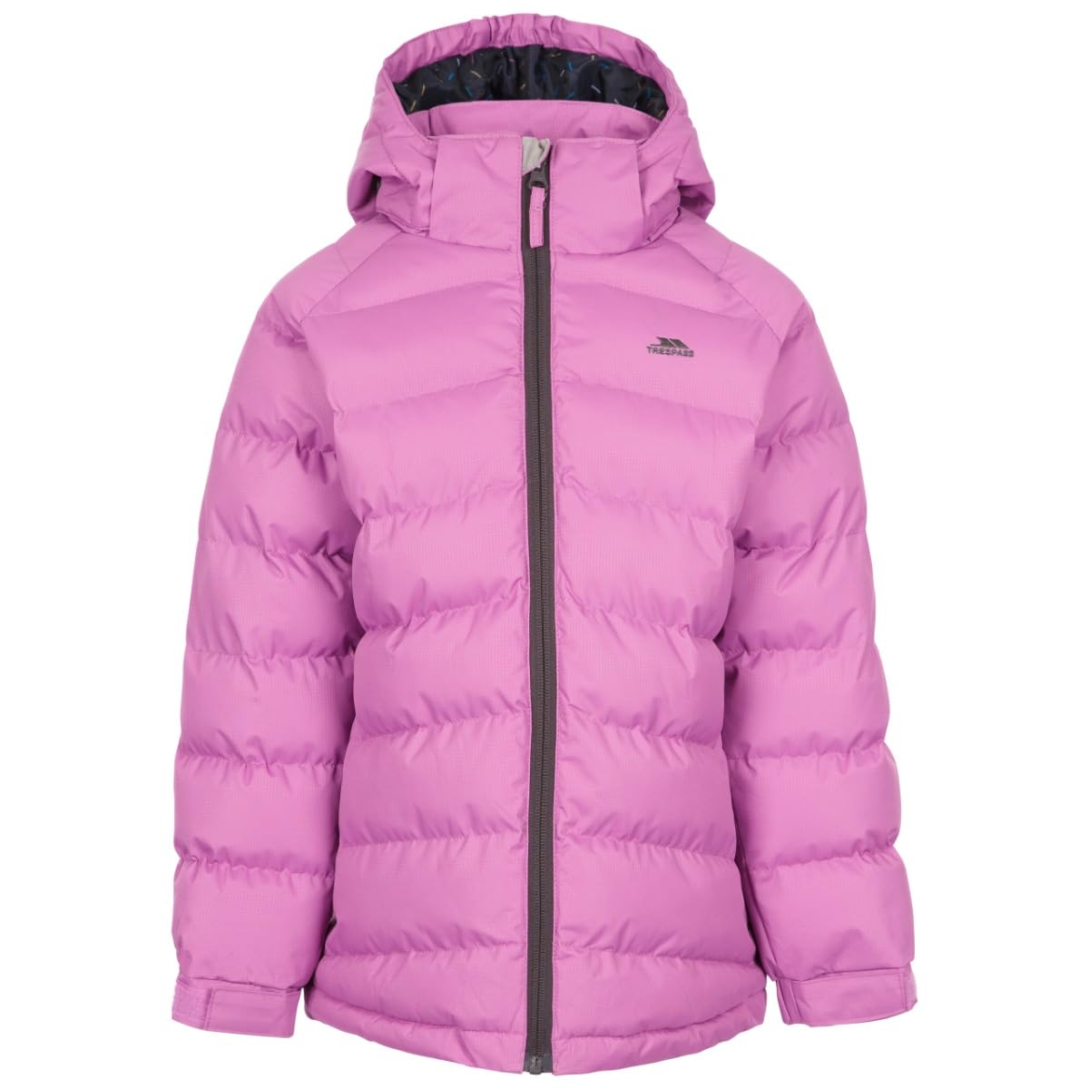 Trespass Girls Padded Jacket Amira - Windproof, Water Resistant, Hooded, Printed Lining, 2 Pockets, Quilted, Adjustable Cuffs, Contrast Zipper, Detachable Hood