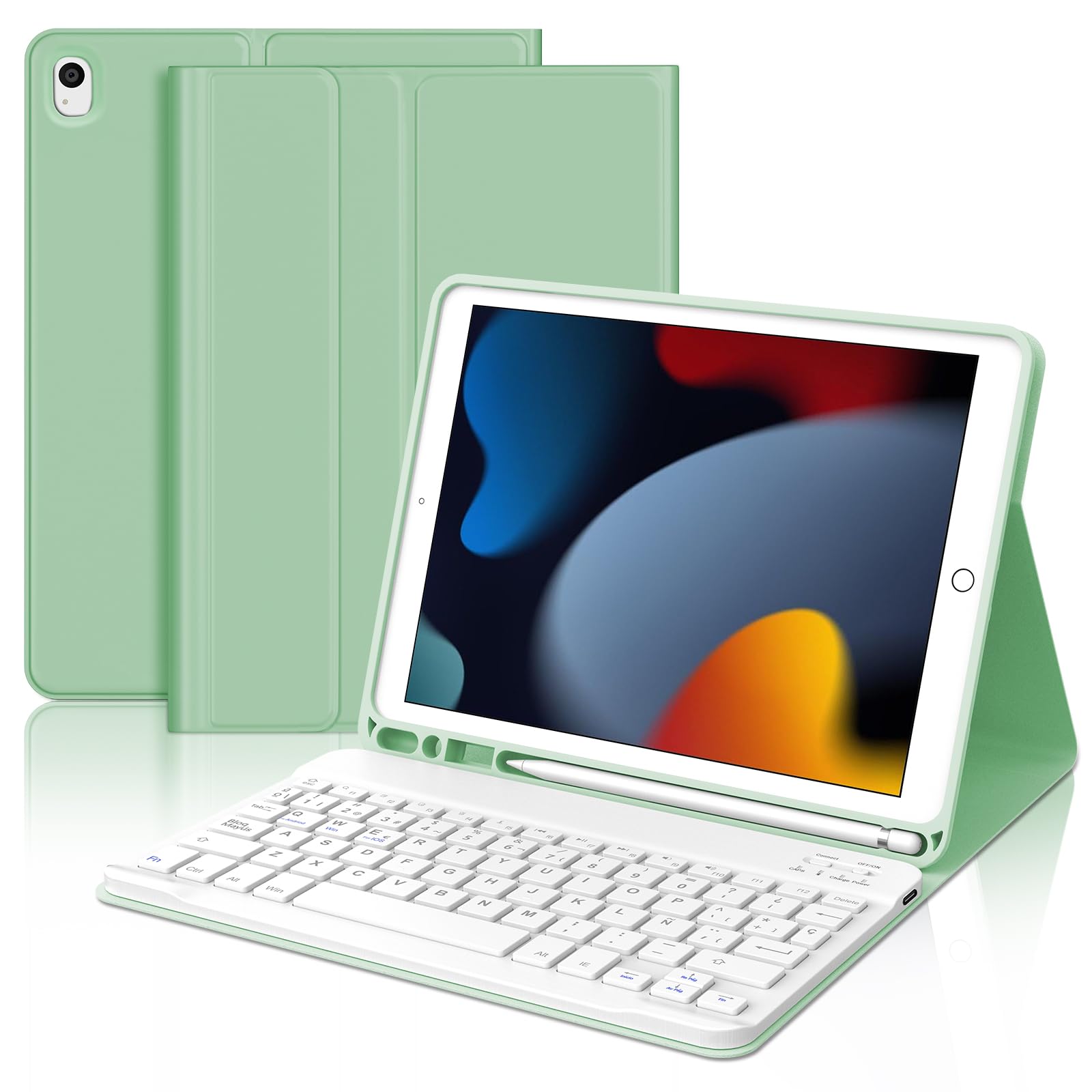 FOGARI Funda Teclado para iPad 10.2" 9/8/7 Generacion 2021/2020/2019, Español Ñ Teclado Magnético Desmontable Bluetooth para iPad 9/8/7 Generación 10.2 Pulgadas, Verde Claro