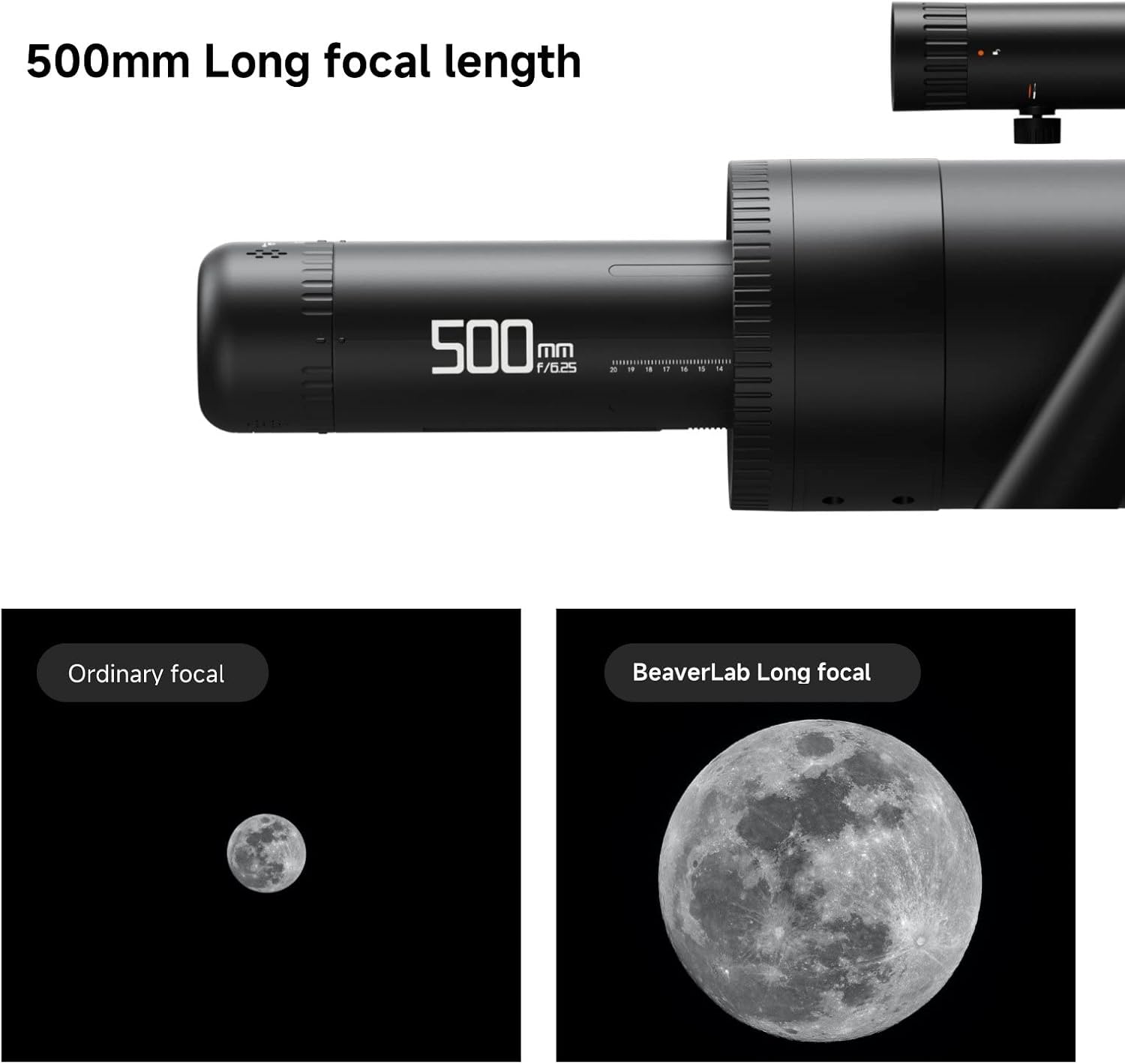 Comparison image showing the difference between ordinary focal length and the BeaverLab 500mm long focal length, with the BeaverLab image of the moon appearing significantly larger and more detailed.