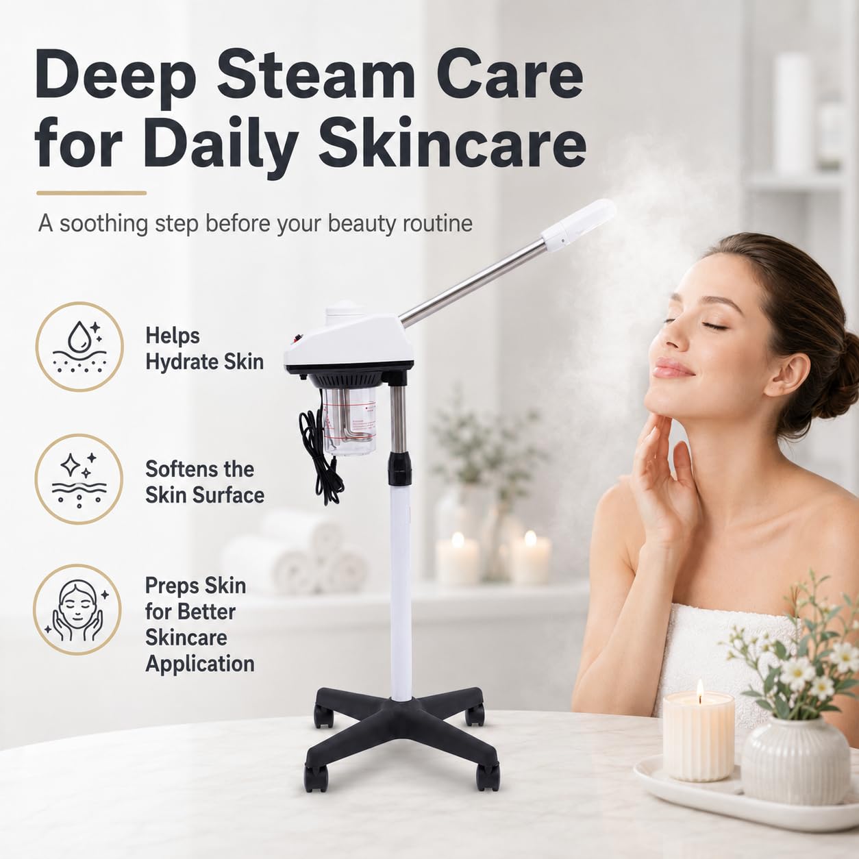 Vapozone Dampf, 750 W, Gesichtsdampf, mit Timer-Knopf und Rollen, Zerstäuber, professionell, elegant, höhenverstellbar, geeignet für Friseursalon, Schönheitssalon