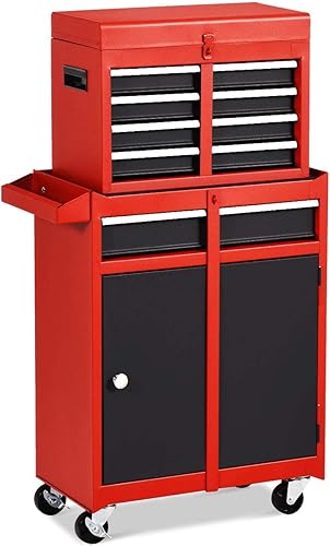 Cofre de herramientas con ruedas de 5 cajones, 2 en 1, caja de herramientas extraíble con 4 ruedas y ganchos, caja de herramientas de metal para