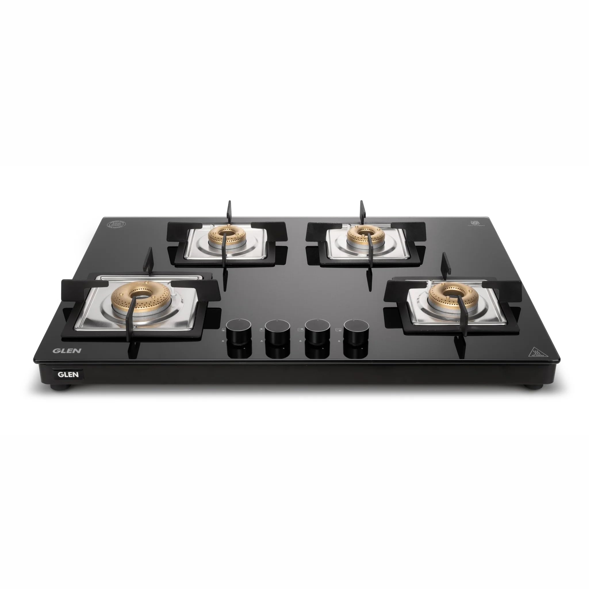 Glen 4 Burner Ultra Slim Premium Gas Stove | Auto Ignition | 8 MM Toughened Glass Top | Revolving Inlet Nozzle | Black | Forged Brass Burners | Warranty 2 Years Standard (BH1074USBL75)
