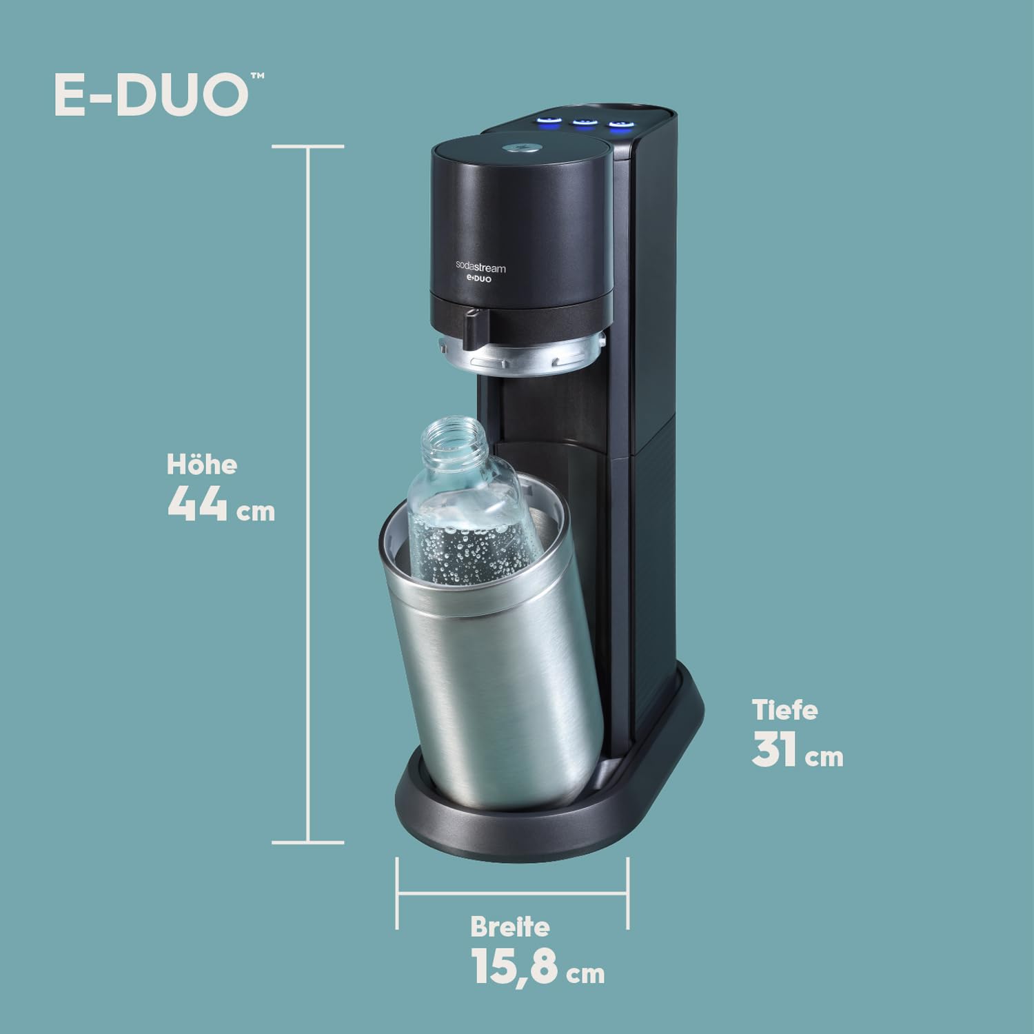 SodaStream E-Duo - Aireador de agua eléctrico con cilindro de CO2, botella de cristal y 2 botellas de plástico aptas para lavavajillas, altura: 44 cm, color: titanio