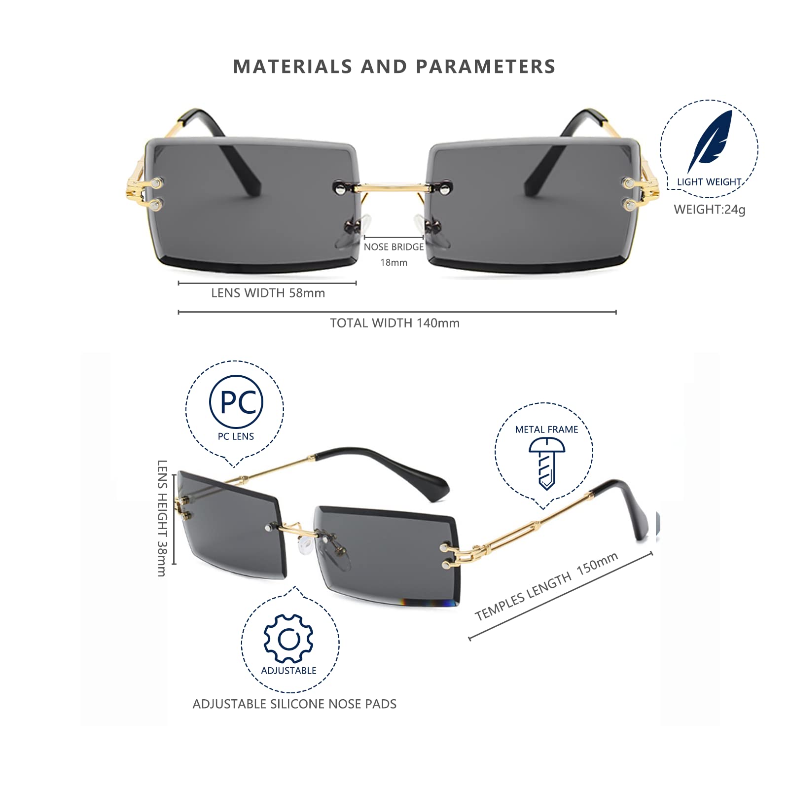 LASPOR Retro prostokątne okulary przeciwsłoneczne bez oprawek dla kobiet mężczyzn przyciemniane soczewki złote metalowe bez oprawek vintage kwadratowe okulary