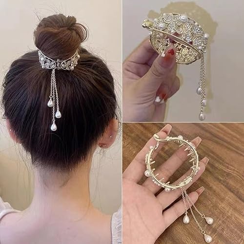 Miniatura 6 de 3 pinzas de pelo con perlas de diamantes de imitación, mariposa alta cola de caballo fija, decoración de borla, borla de perlas con diamantes de