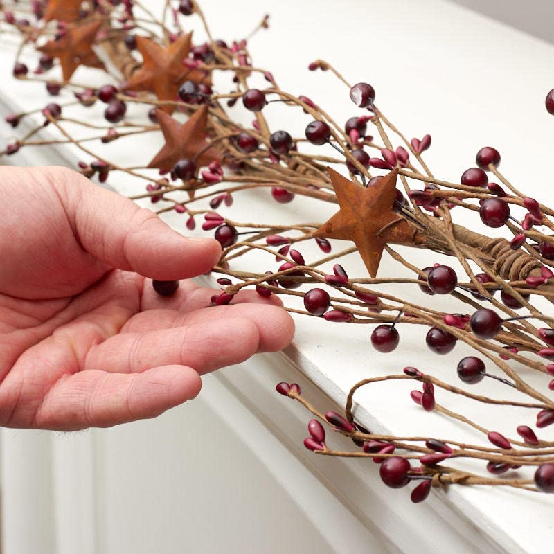 Artificial-Burgundy-Pip-Berry-and-Rusty-Star-Garland-Year-Round-Rustic-Berries-Farmhouse-Home-Decor-for-Table-Arrangements-Fireplace-Mantel-and-Centerpiece-Decorations-48-long Artificial Burgundy Pip Berry and Rusty Star Garland Year Round Rustic Berries Farmhouse Home Decor for Table Arrangements Fireplace Mantel and Centerpiece Decorations 48 long