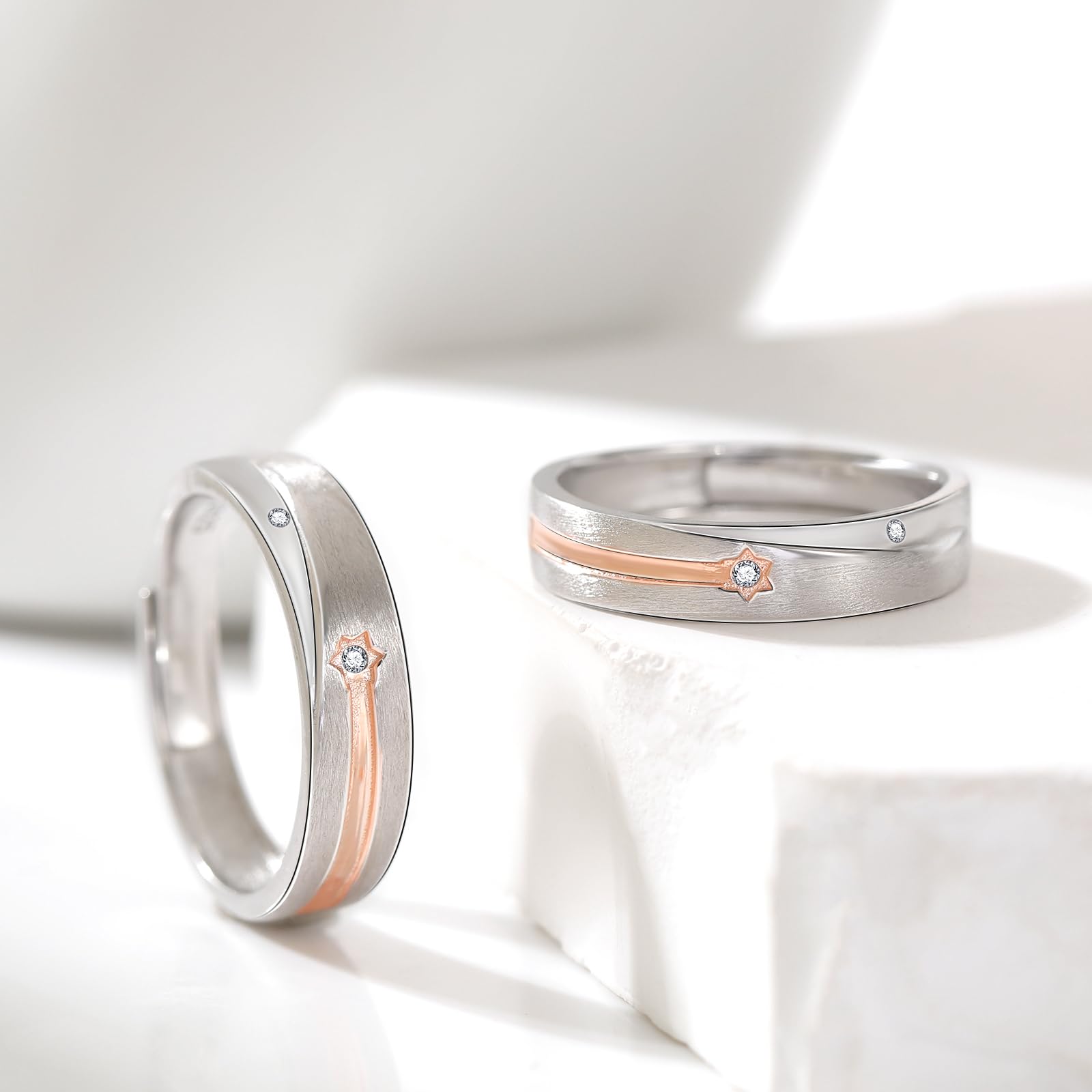 Pareja Anillos Alianzas Boda Lluvia de Meteoritos Esmerilado Plata de ley Promesa Anillo Ajustable Compromiso Casarse Regalo
