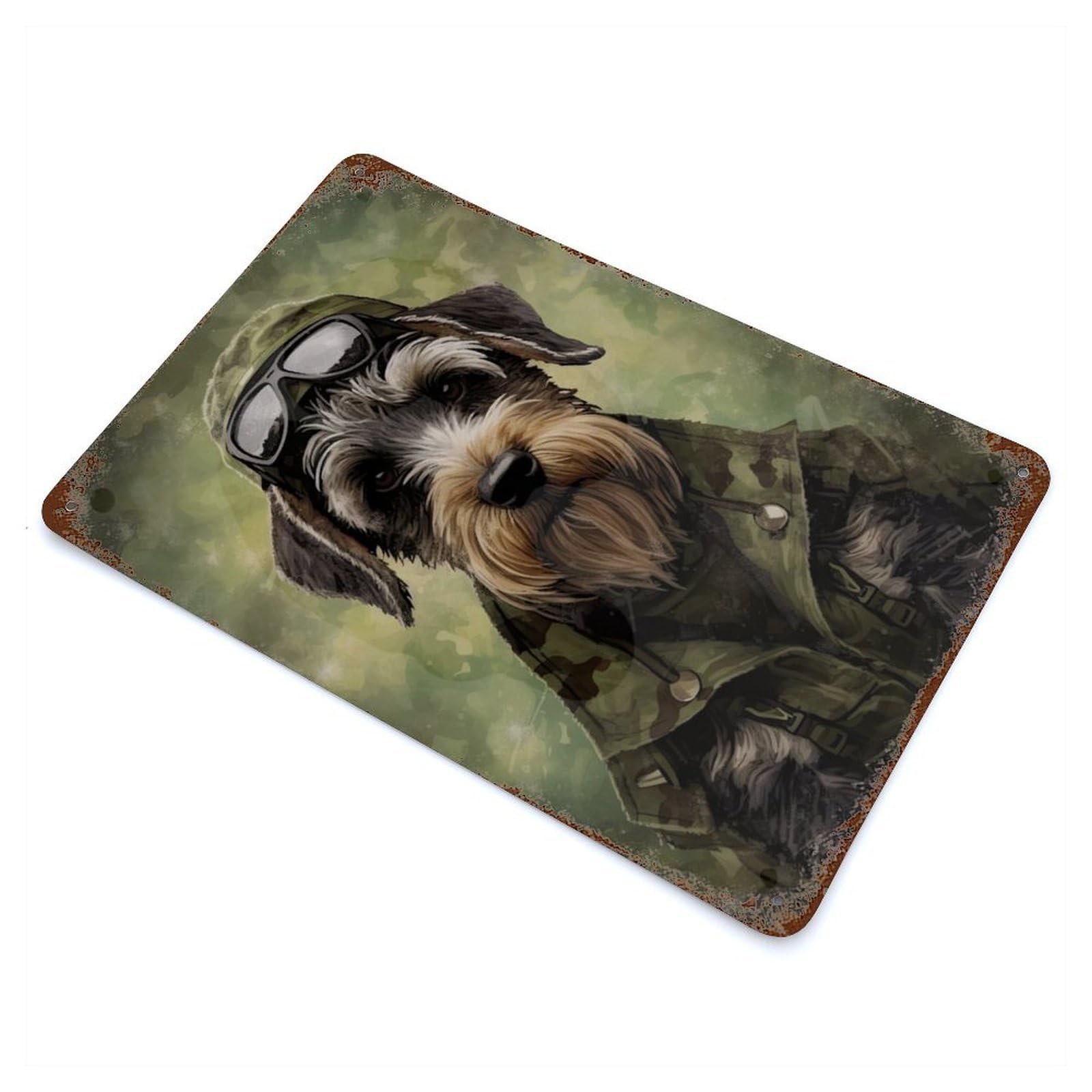 Aged Metal Wall Plaque with Schnauzer Camo Jacket Design 11.8"x7.9", for Basement, Hobby Room And Garage Decor, Farmhouse Wall Decor
