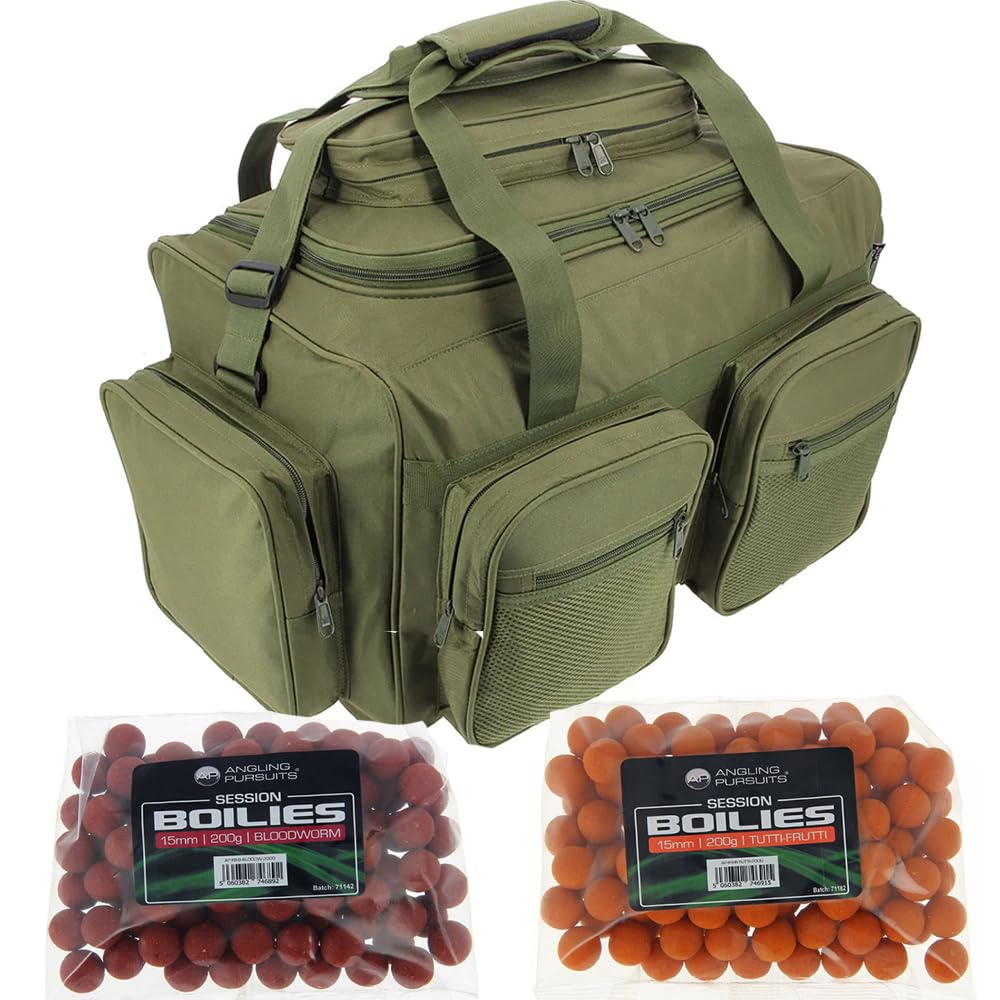 Fishing Carryall Bag with 6 Pockets. Water Resistant, Shoulder Strap, Tackle Essentials, 60 x 35 x 40cm, Carp Coarse Fishing Storage Bag & 2 Pack of Boilies 200g