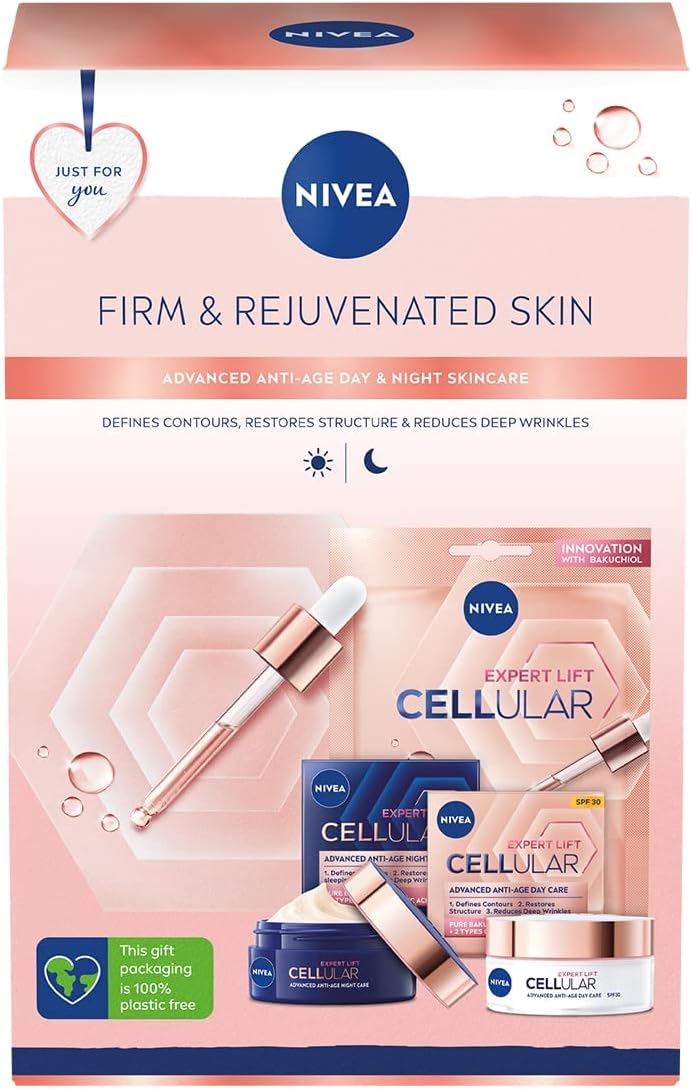 NIVEA Stevige en verjongde cadeauset, NIVEA cadeauset bevat bakuchiol-verrijkte cellulaire expert lift dagcrème, nachtcrème en gezichtsmasker, geschenken voor vrouwen, wit, (3 stuks)