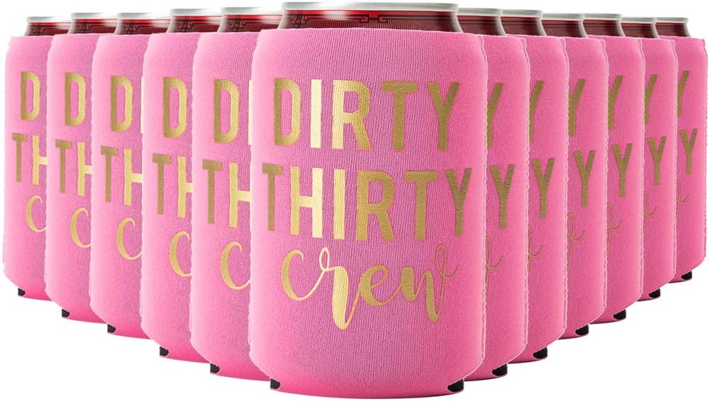 Dirty Thirty Crew Can Coolers, 30th Birthday Party Coolies, Set of 12, Black/White and Gold Thirtieth Birthday Cup Coolers, Perfect for Birthday Parties, Birthday Decorations