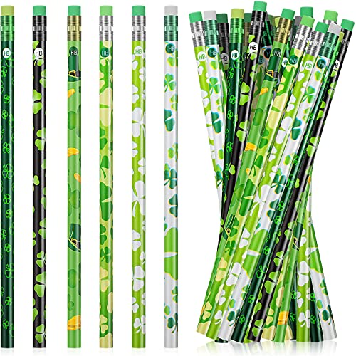 120 Pieces St Patrick's Day Pencils Wood Shamrock Pencils Lucky Shamrock School Pencils Cute Green Kindergarten Pencils for St Patrick's Day Party Kids Awards and Incentives Office School Supplies