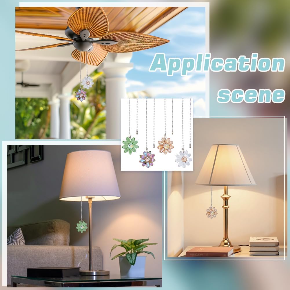 BENECREAT 4Pcs Glass Crystal Flower Ceiling Fan Pull Chain Extenders, Colorful Hanging Suncatcher Fan Extension with 304 Stainless Steel Ball Chain for Ceiling Fan Light Decoration