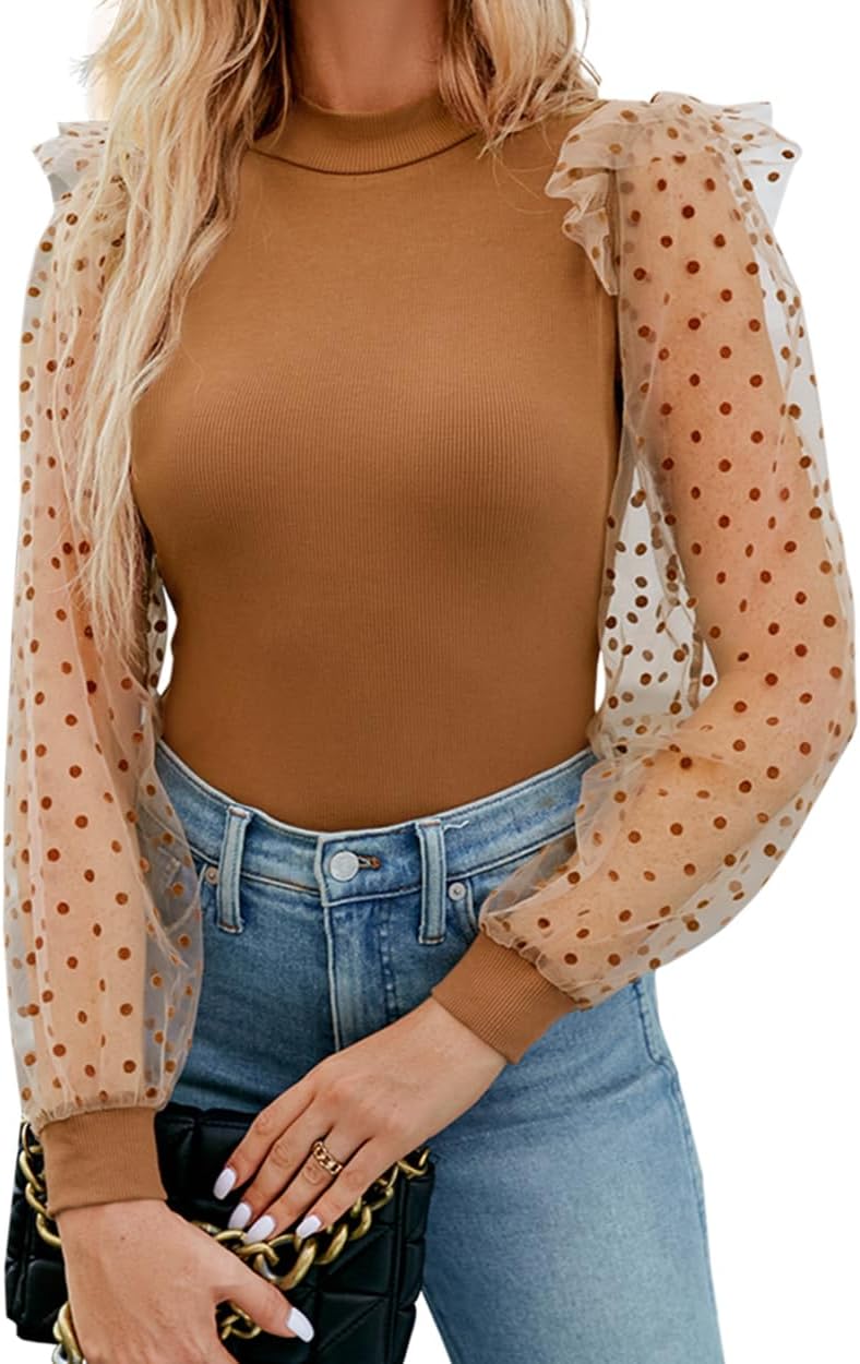 WAYMAKER Women's Mock Turtle Neck Polka Dot Sheer Mesh Puff Long Sleeve Bodysuit Blouses Tops Shirts
