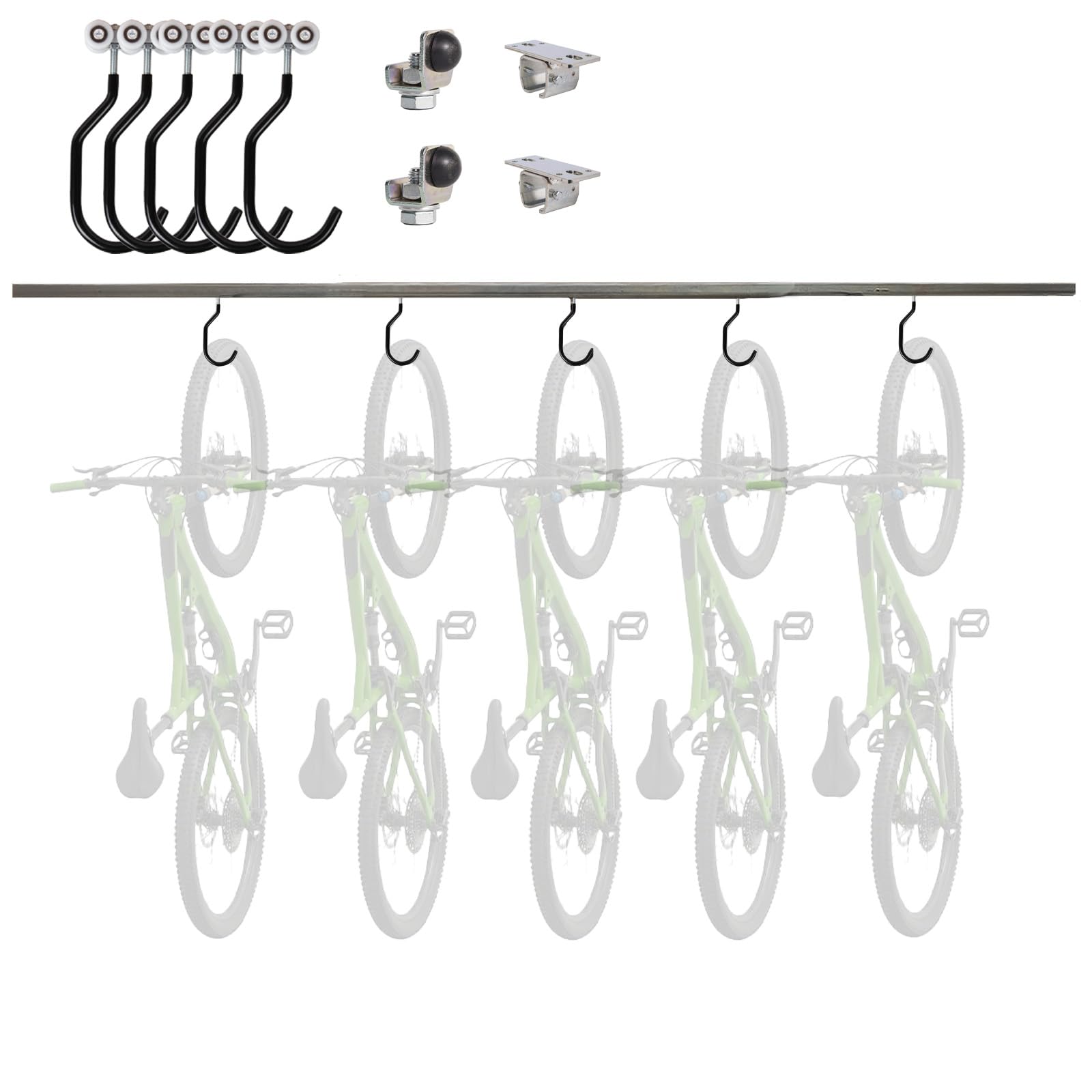 ATTAS Soporte de techo para bicicleta, riel de 1 metro, 5 carros con gancho para bicicleta, acero galvanizado, soporte para 5 bicicletas | Soporte para bicicleta con 5 ganchos y soporte de techo