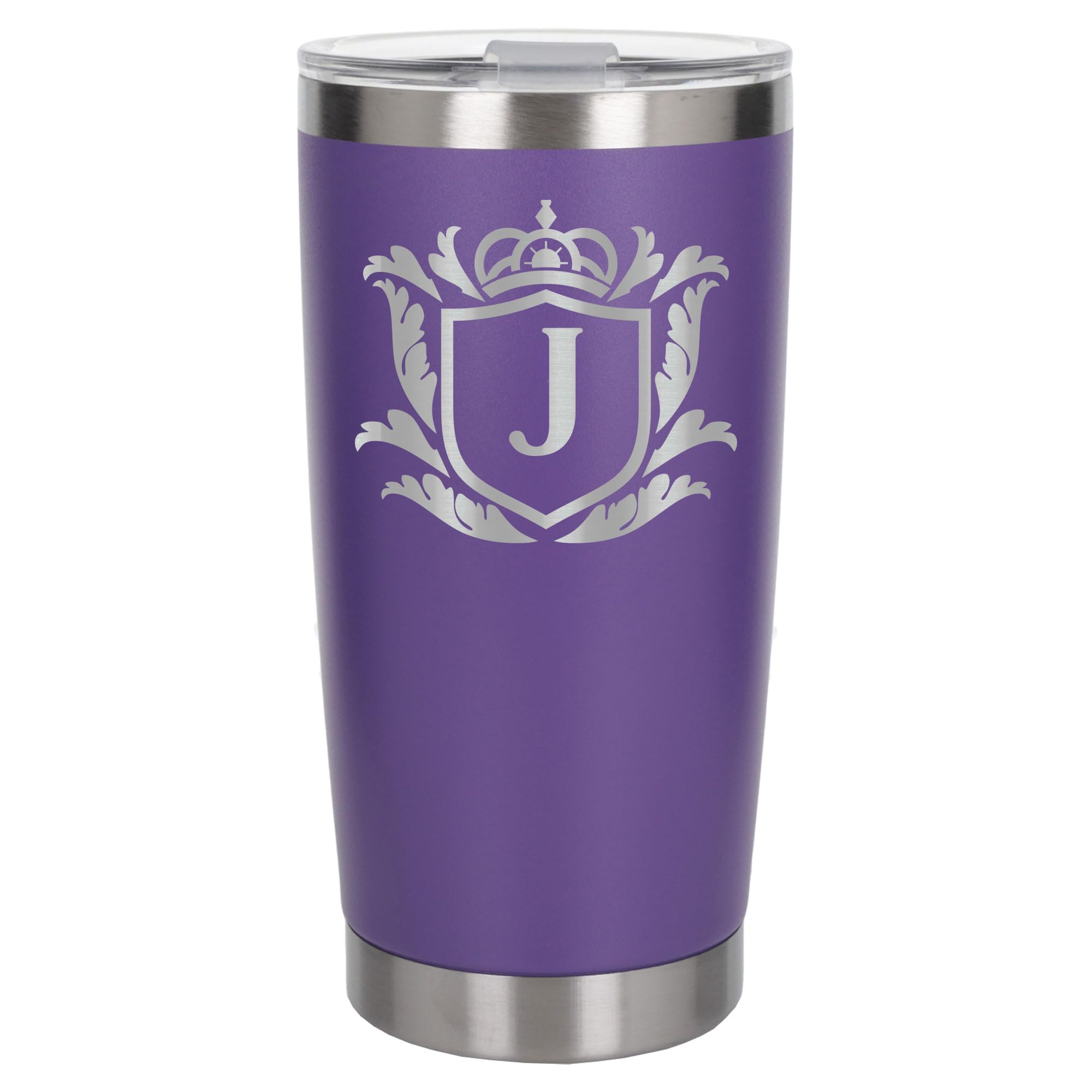 Customised Gifts 500ml Engraved Shield Initial Monogram Insulated Personalised Purple Travel Mug for Men and Women - Personalised Initial Coffee Travel Mug for Hot and Cold Beverages, Letter J