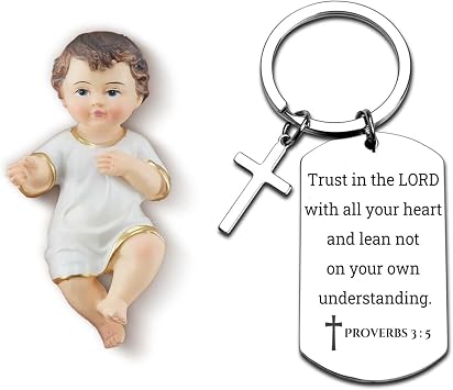 GiftYou 2.4inch Resin Baby Jesus Figurine in Holy Cloth and Psalm 4610 Keychain with Cross Pendant - Inspirational Scripture and Biblical Decor for Christian