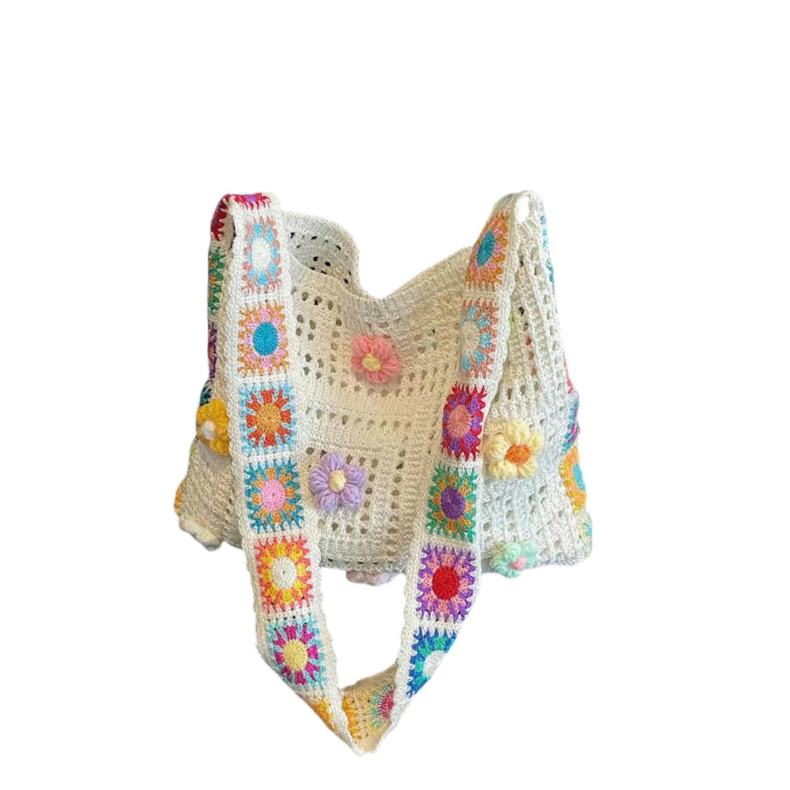 Borse Borsa all'Uncinetto Boho Femminile, A Maglia Designer Floreale, per Spalla Intrecciata in Spiaggia Estiva di Grande capacità-Beige con Fiori