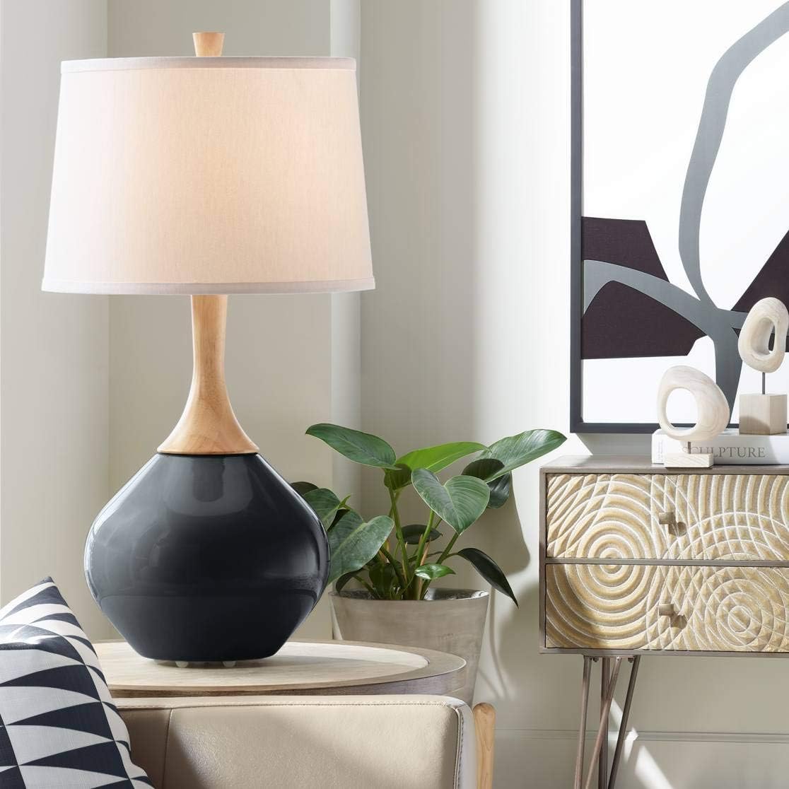 Color + Plus Wexler 31" Tall Large Teardrop Mid Century Modern End Table Lamp Black of Night Wood Finish Glass Single White Shade Living Room Bedroom Bedside Nightstand House Office Home Reading