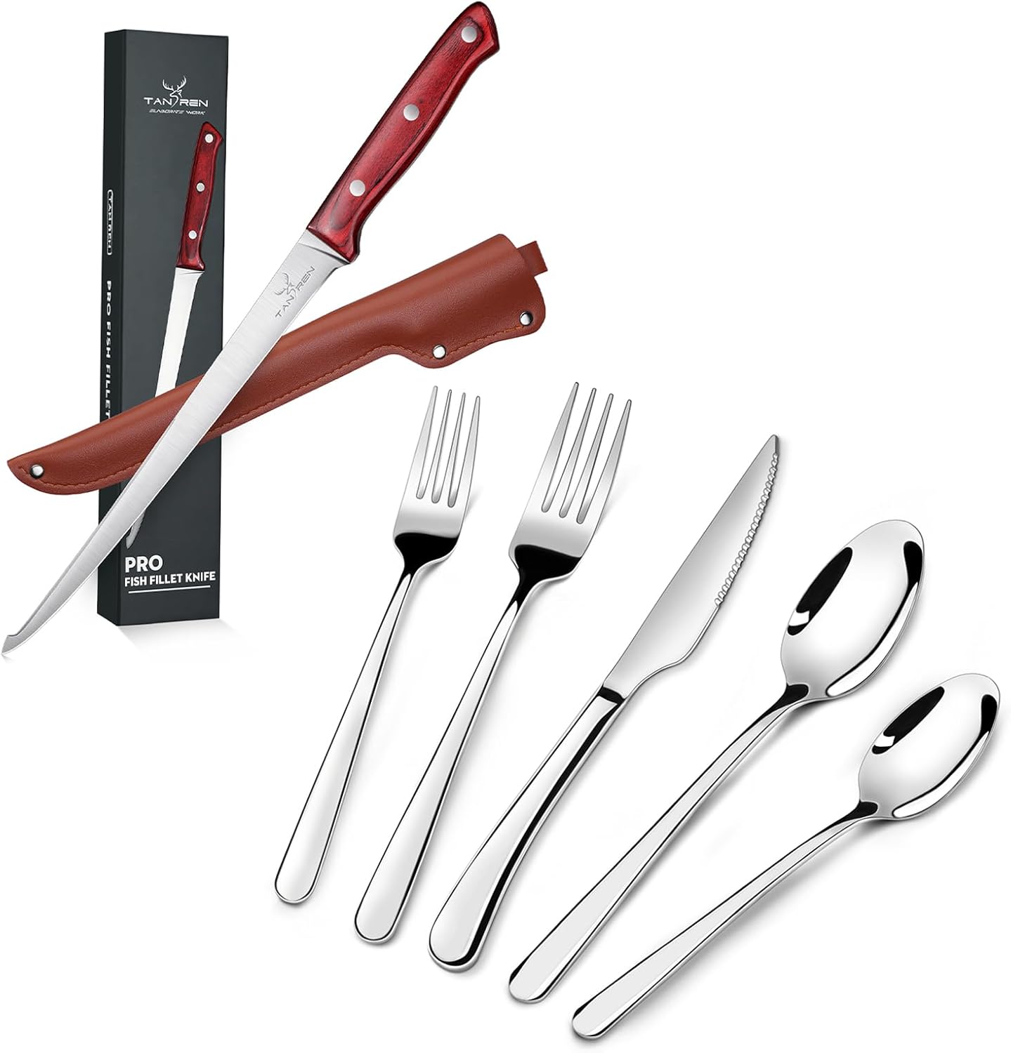 TAN REN Fillet Knife 9 inch and Silverware Set for 6, 30-Piece Stainless Steel Flatware Sets
