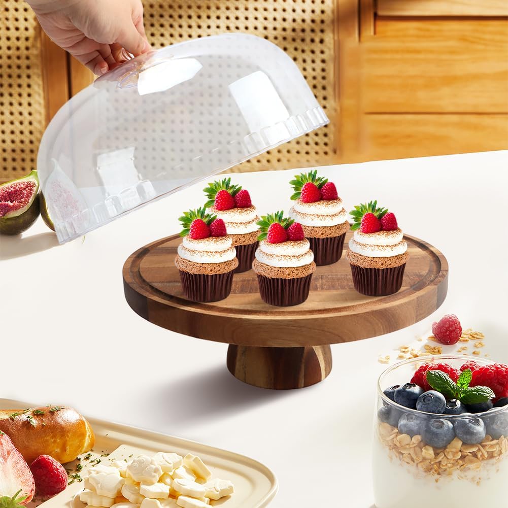 Wood Cake Stand with Lid,12 inch Round Cake Holder,Dessert Stand with Dome,2-in-1 Dessert Table Display Set & Charcuterie Board for Cheese,Chips & Dips, Nachos, Fruit Platter