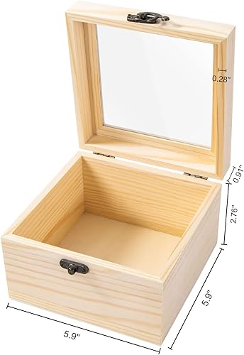 Miniatura 9 de Useekoo 2 cajas pequeñas de madera con tapa, 4.7 x 4.7 x 2 pulgadas, caja de regalo de madera sin terminar con tapa de cristal, pequeña caja de