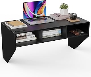 CASART Wall Mounted Table, 108x52cm Floating Computer Desk with 3 Storage Compartments, Wooden Study Desk Modern Writing Desk for Home Office (Black)