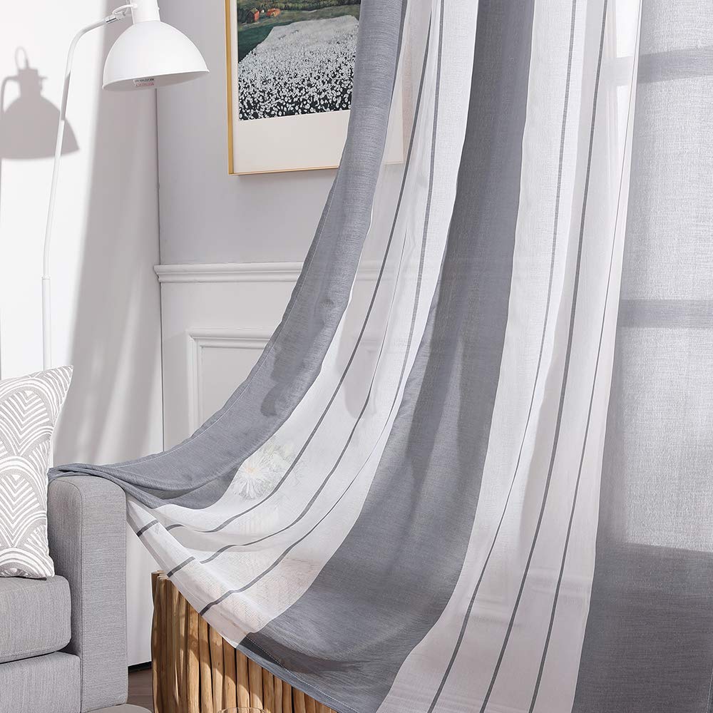 MIULEE Tende a Righe per Interni, Tende Trasparenti in Voile Tende Camera da Letto, Tenda Salotto Moderne con Anelli, Tenda a Pannello da Interno Finestra a Righe Bianche e Grigie, 2x 140x260 CM