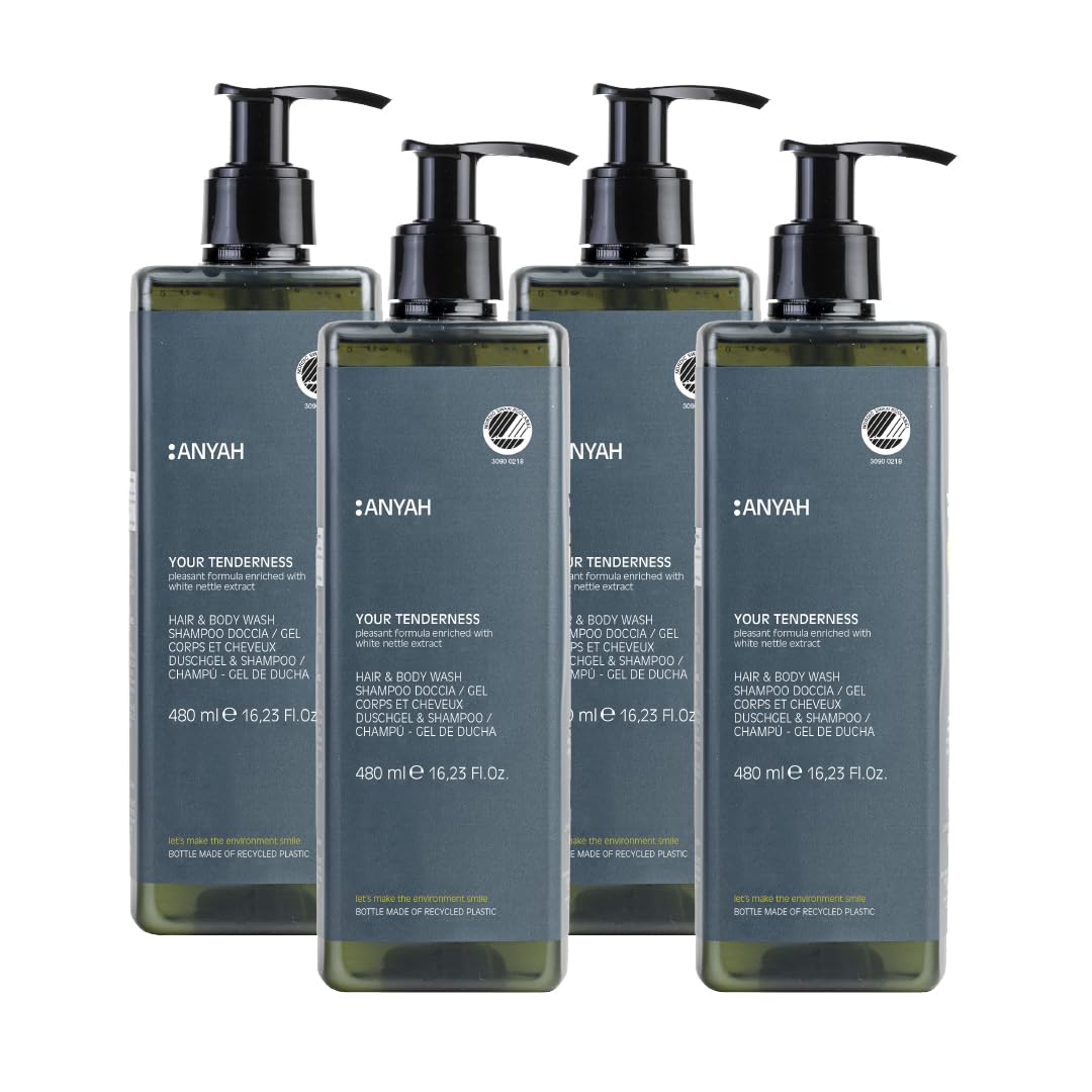 Anyah - Shampooing et Gel Douche - 4x480ml - Rechargeables - Formule Quotidienne Douce Tout-en-Un avec Extrait de Lamier Blanc - Shampooing - Savon de Douche - Fabriqué en Italie