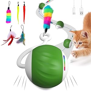WAKHJAKT Interactive Cat Toys for Indoor Cats, DIY 5 in 1 Automatic Moving Cat Ball Toys/Puppies Toys with LED Rainbow Lights, Smart Sounds&Touch Control Cat Toys,USB Rechargeable Green