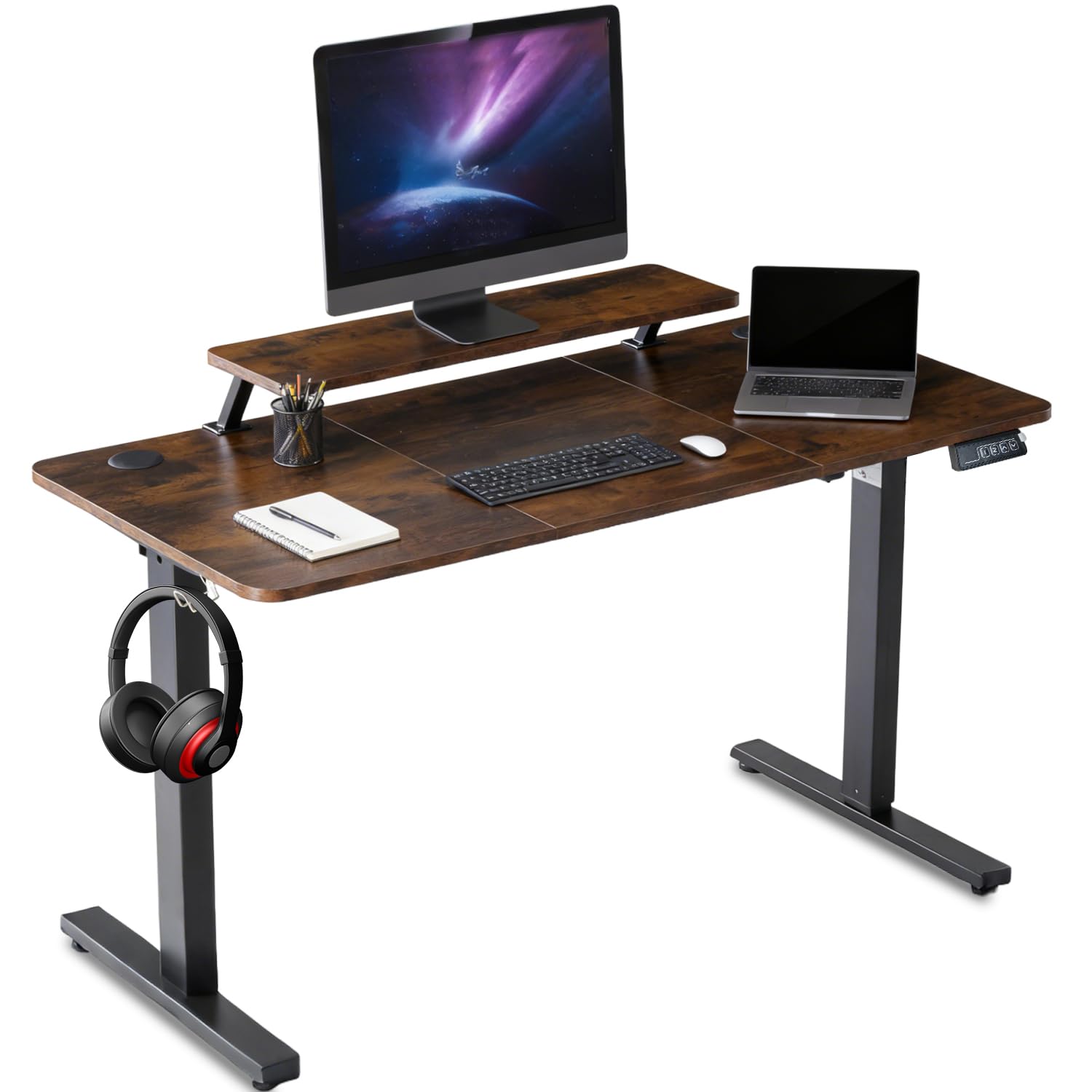 DUMOS Höhenverstellbarer Schreibtisch 120 x 60 cm, Elektrischer Schreibtische Höhenverstellbar, Gaming Tisch mit Monitorständer, Stehpult Verstellbarer Computertisch, Adjustable Standing Desk, Braun