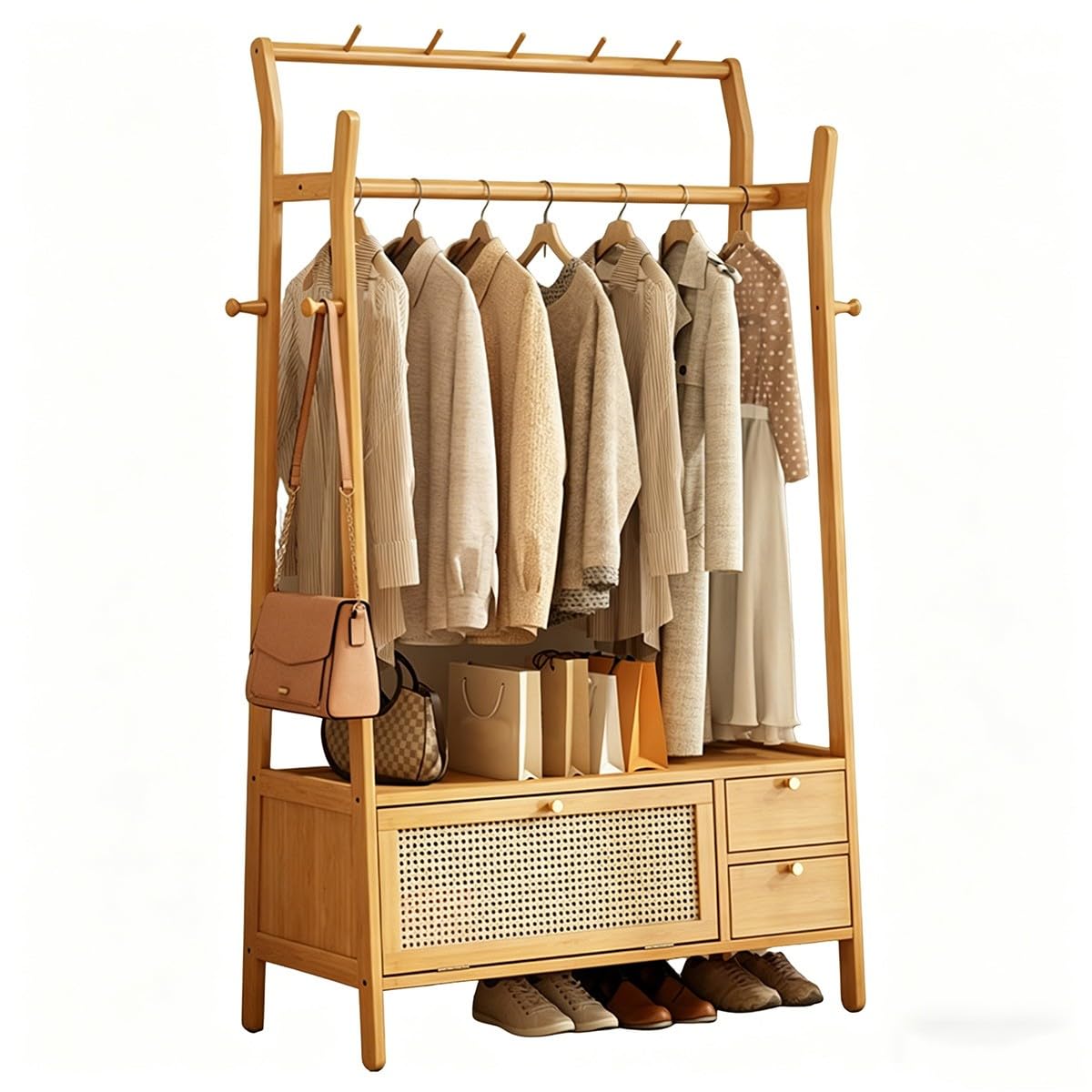 Bananaww Freestanding Bamboo Garment Rack with Drawer and Shelf, Heavy Duty Clothes Rail for Hanging Coats, Dresses, Jackets, Wardrobe Organiser